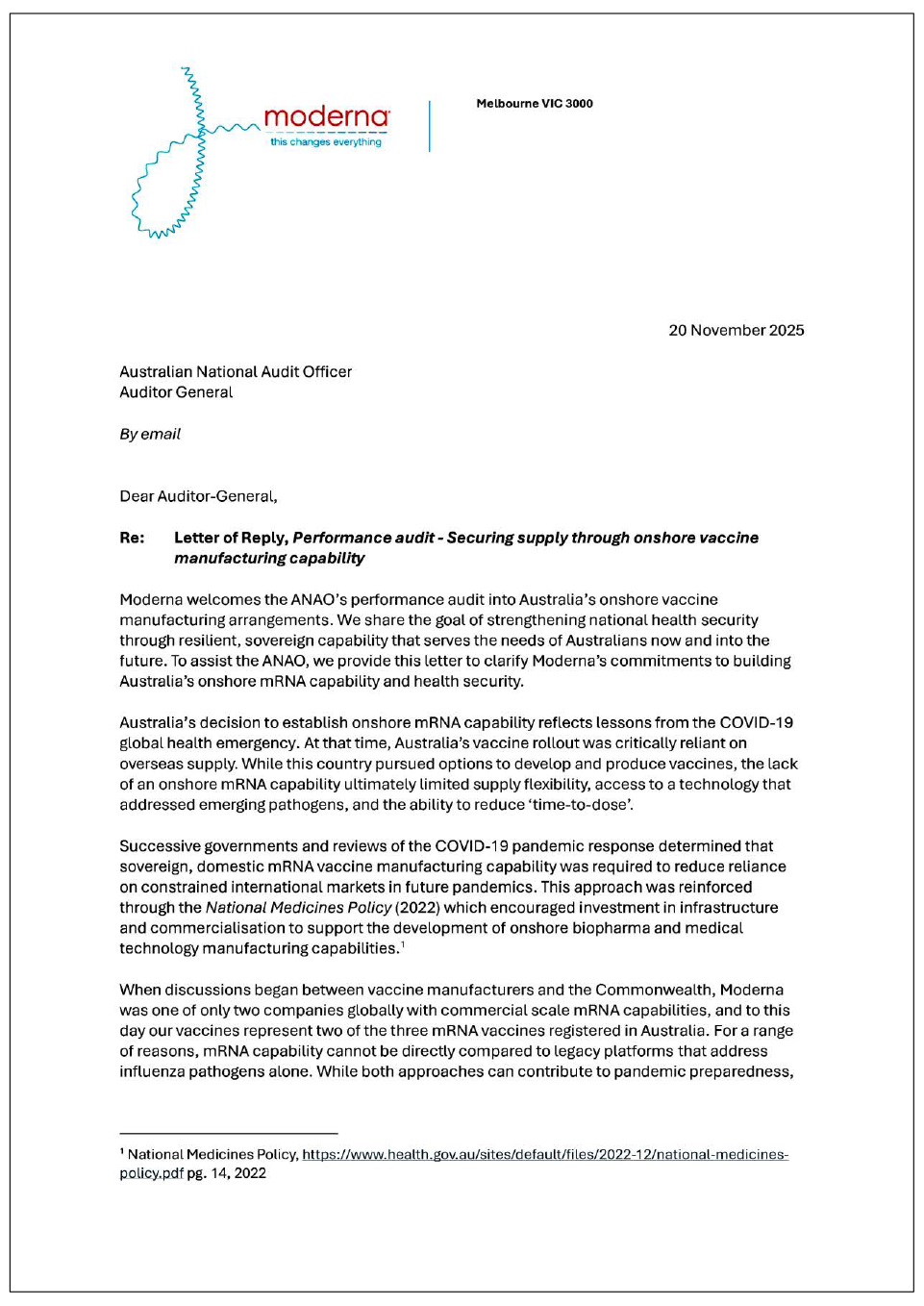 Page one of the response from Moderna. A summary of the response can be found in the summary and recommendations chapter.