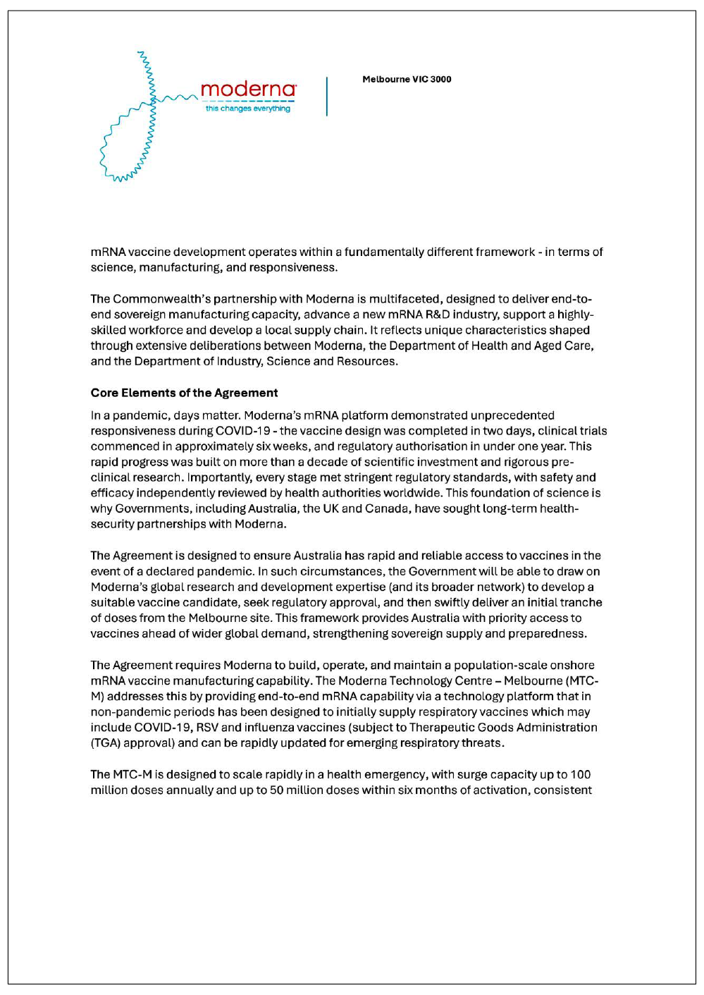 Page two of the response from Moderna. A summary of the response can be found in the summary and recommendations chapter.