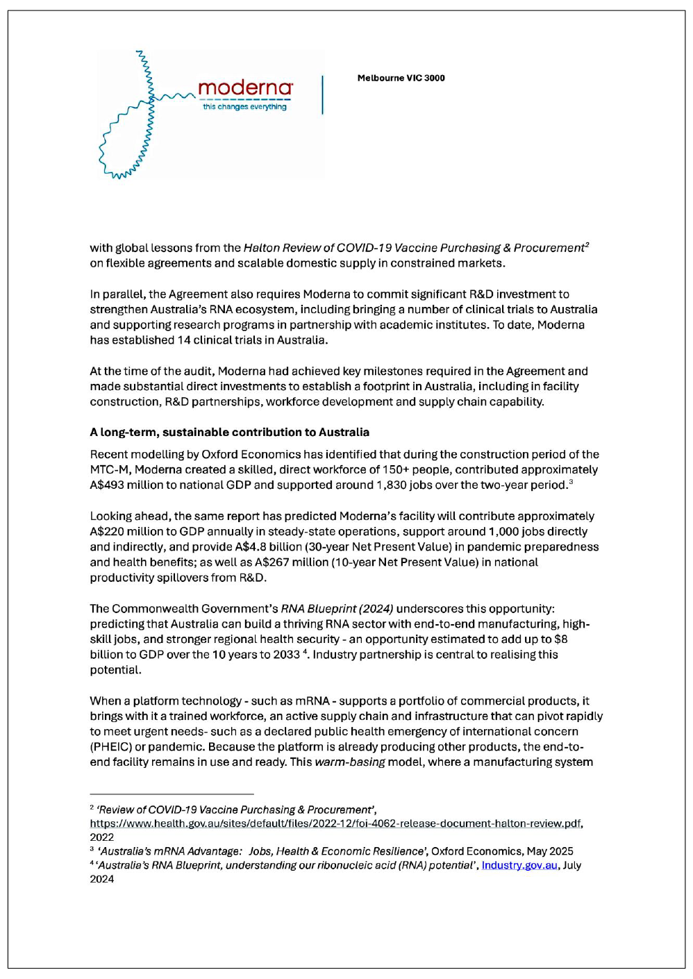 Page three of the response from Moderna. A summary of the response can be found in the summary and recommendations chapter.