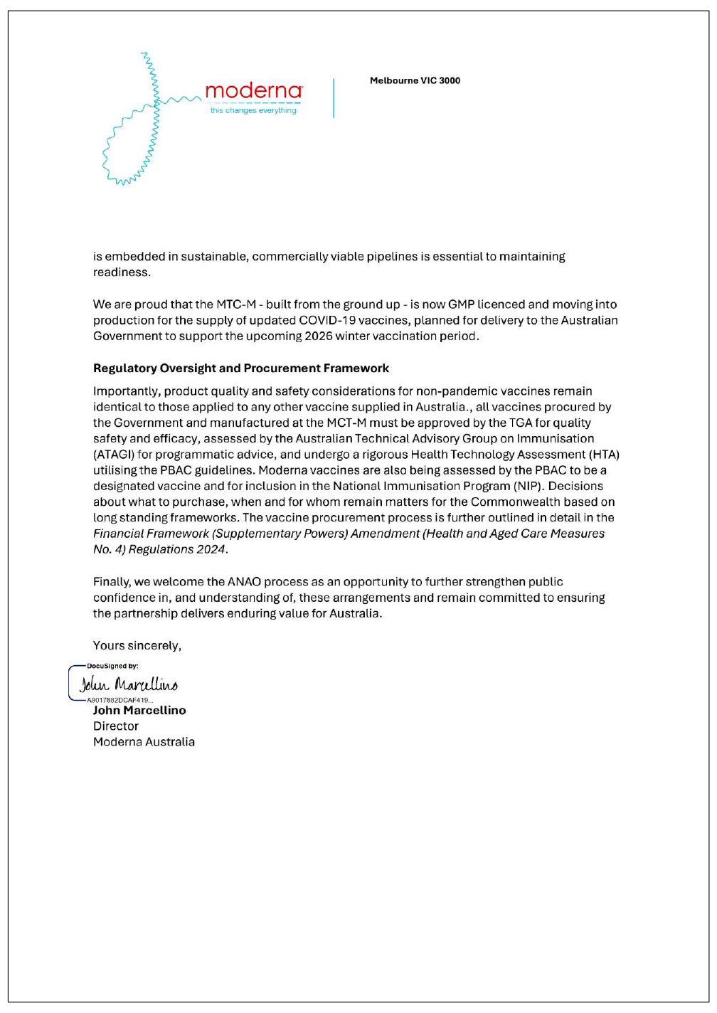Page four of the response from Moderna. A summary of the response can be found in the summary and recommendations chapter.