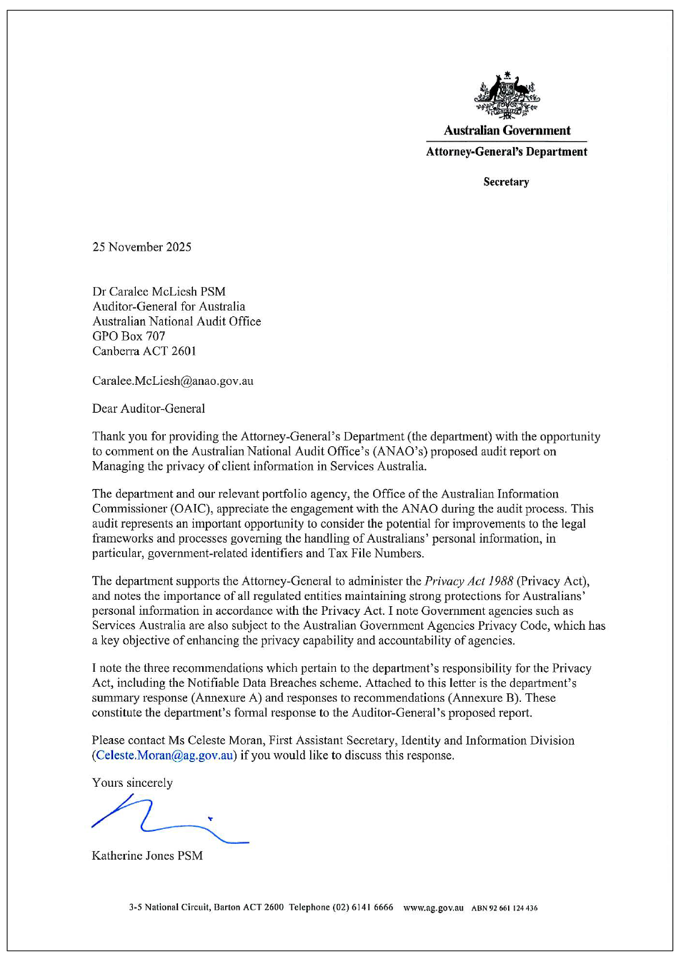 Page one of the response from Attorney-General's Department. A summary of the response can be found in the summary and recommendations chapter.