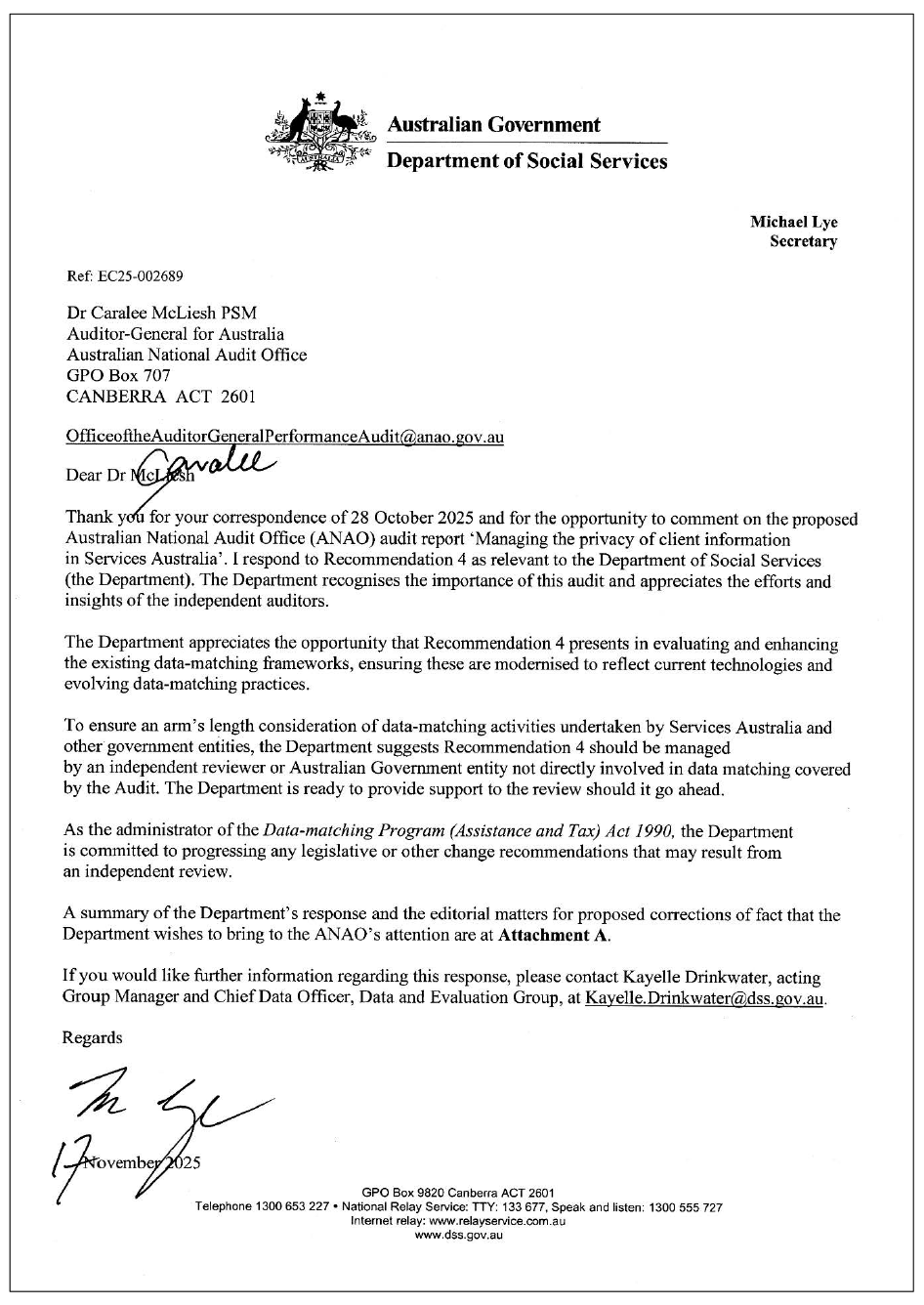 Page one of the response from DSS. A summary of the response can be found in the summary and recommendations chapter.