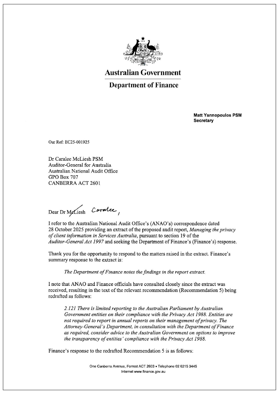 Page one of the response from Finance. A summary of the response can be found in the summary and recommendations chapter.