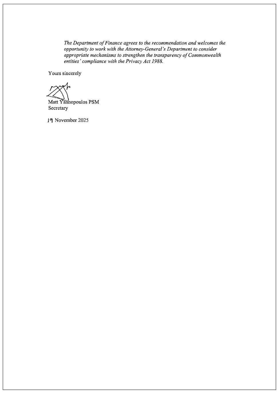 Page two of the response from Finance. A summary of the response can be found in the summary and recommendations chapter.