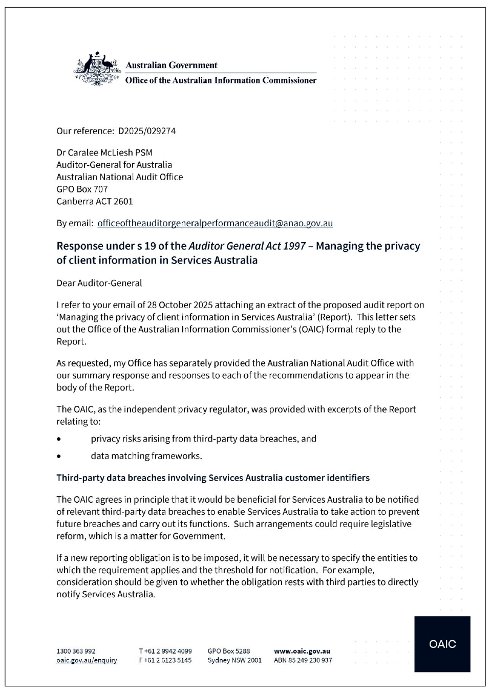 Page one of the response from OAIC. A summary of the response can be found in the summary and recommendations chapter.