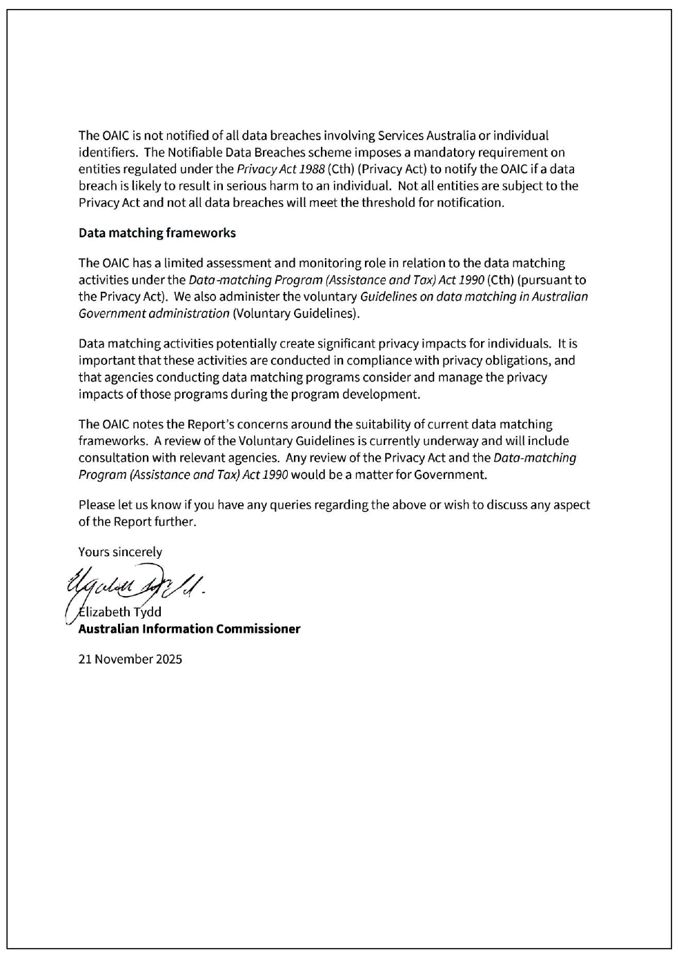 Page two of the response from OAIC. A summary of the response can be found in the summary and recommendations chapter.