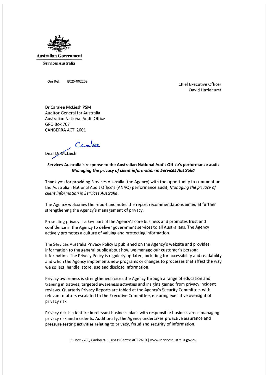 Page four of the response from Services Australia. A summary of the response can be found in the summary and recommendations chapter.