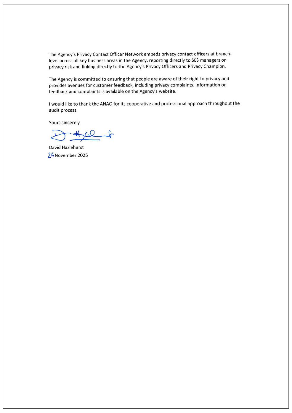 Page two of the response from Services Australia. A summary of the response can be found in the summary and recommendations chapter.