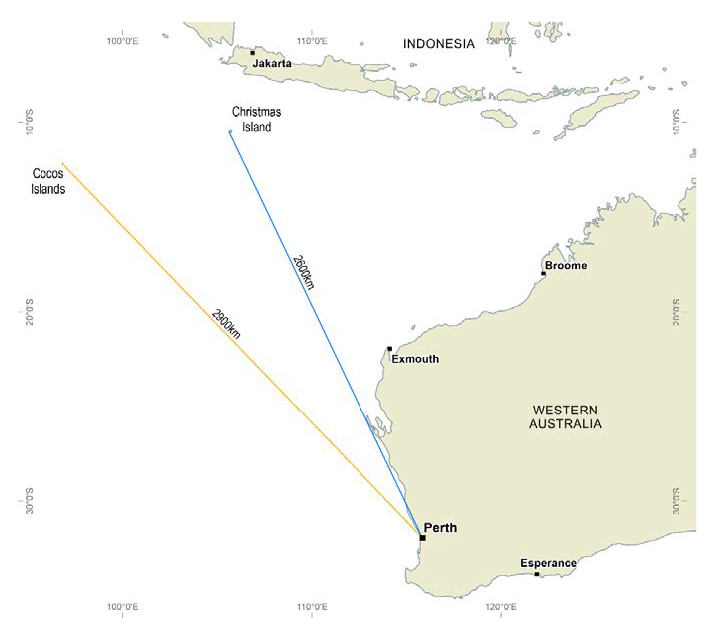 A map that shows the approximate distances of Christmas Island and Cocos (Keeling) Islands from Perth, Western Australia. Christmas Island is 2600km from Perth and Cocos (Keeling) Islands are 2900km from Perth. 