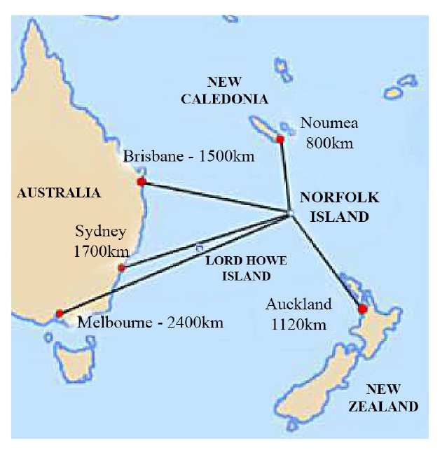 A map that shows the approximate distances between Norfolk Island and nearby cities, including Brisbane, Sydney, Melbourne, Auckland and Noumea. The map shows that Norfolk Island is 1500km from Brisbane, Queensland, and 800km from Noumea.  