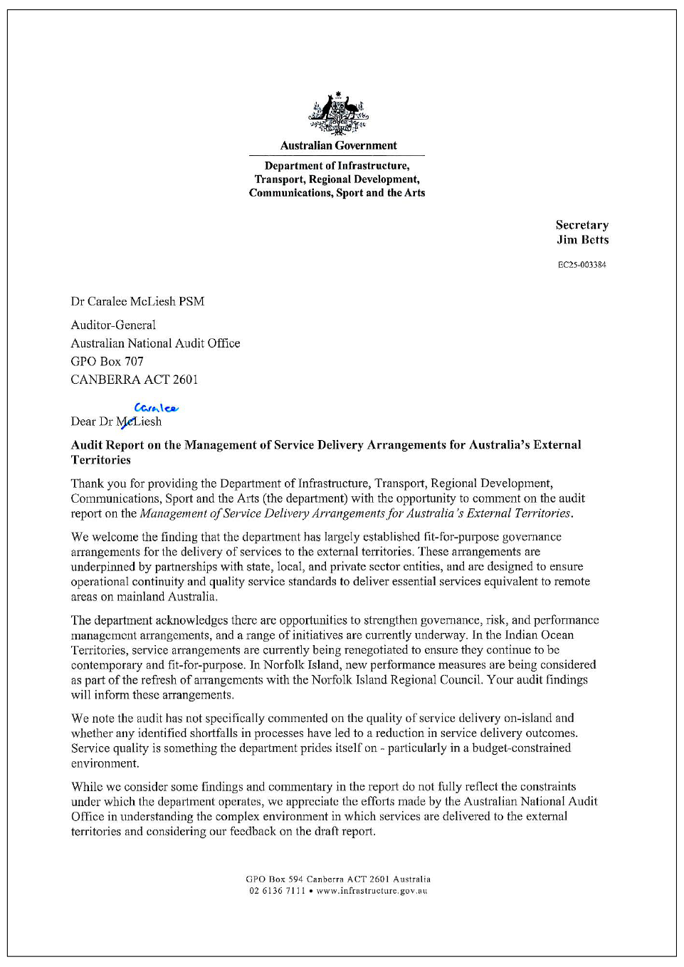 Page one of the response from DITRDCSA. A summary of the response can be found in the summary and recommendations chapter.