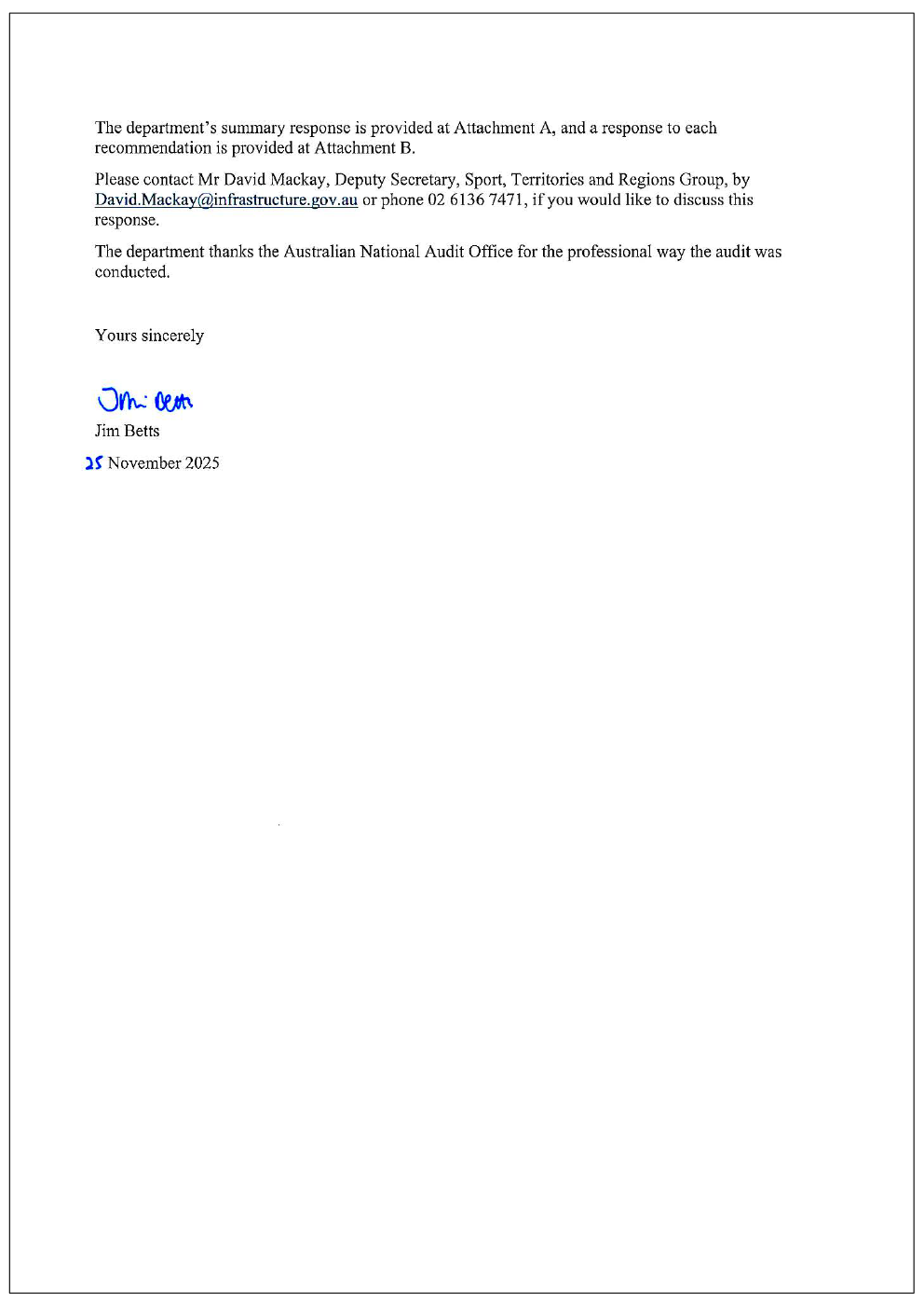 Page two of the response from DITRDCSA. A summary of the response can be found in the summary and recommendations chapter.