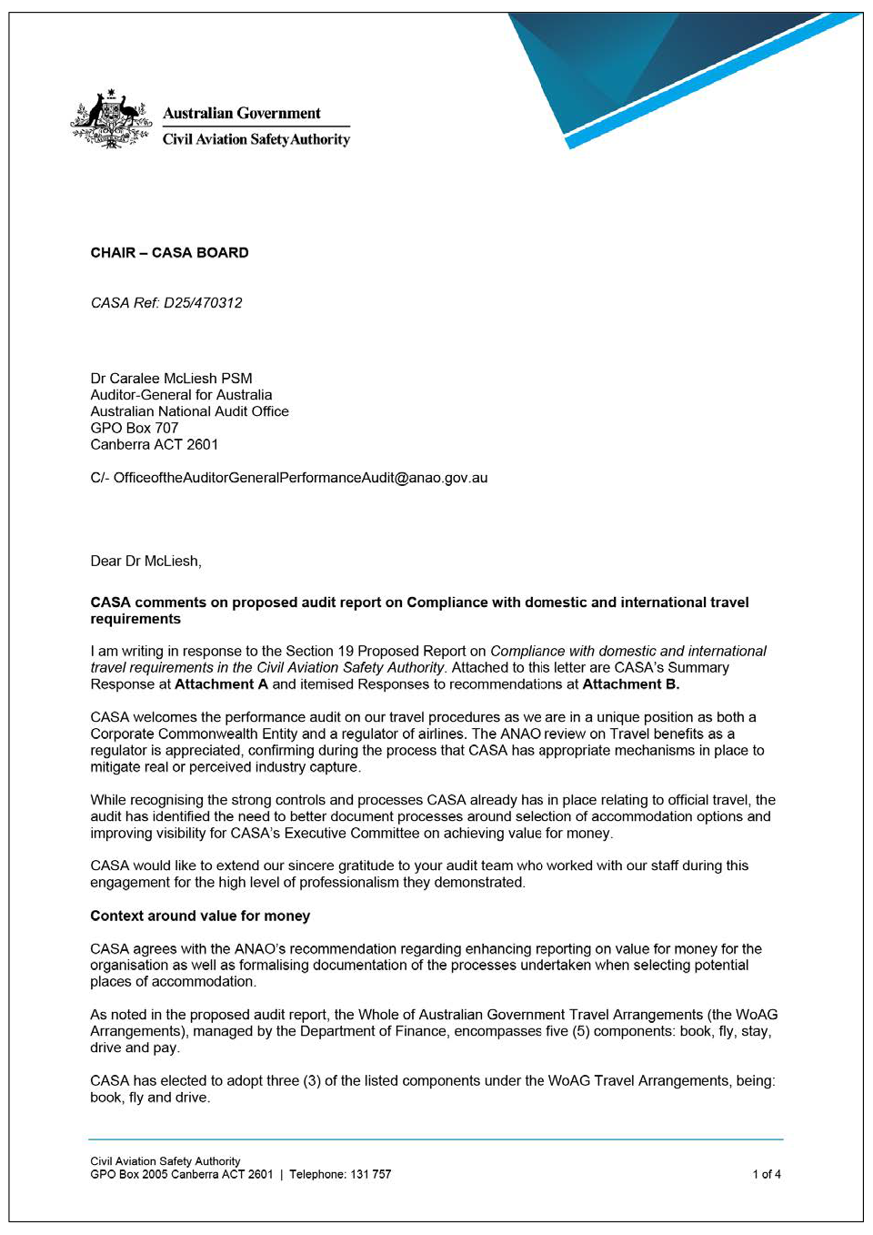 Page one of the response from CASA. A summary of the response can be found in the summary and recommendations chapter.