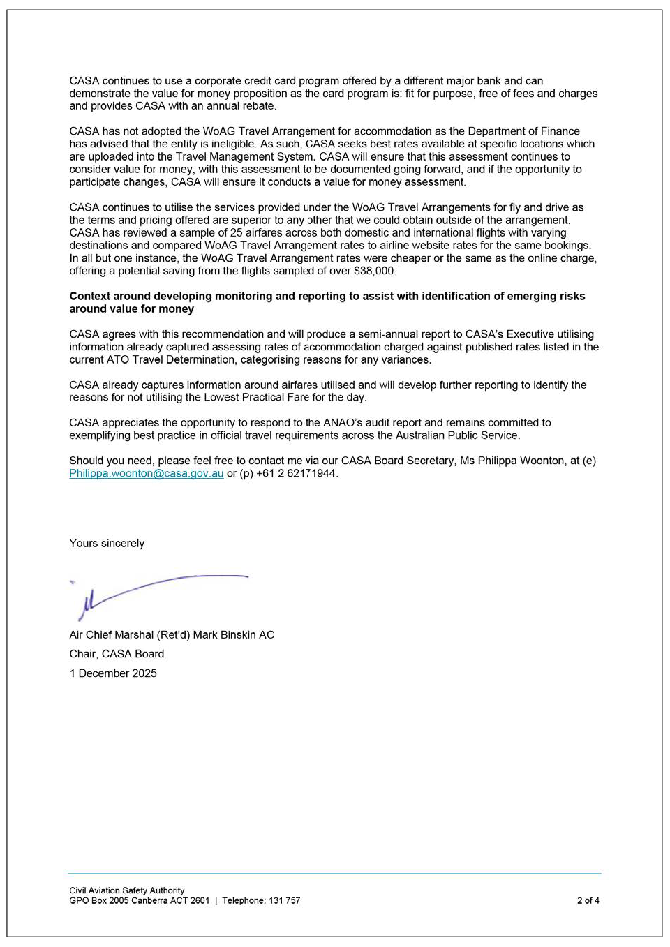 Page two of the response from CASA. A summary of the response can be found in the summary and recommendations chapter.