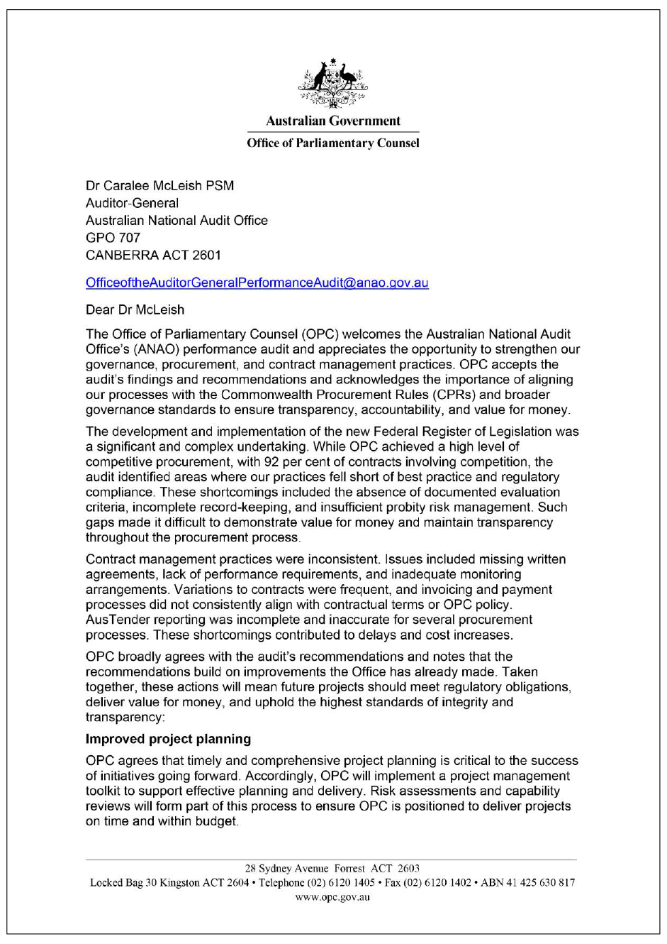 Page one of the response from OPC. A summary of the response can be found in the summary and recommendations chapter.