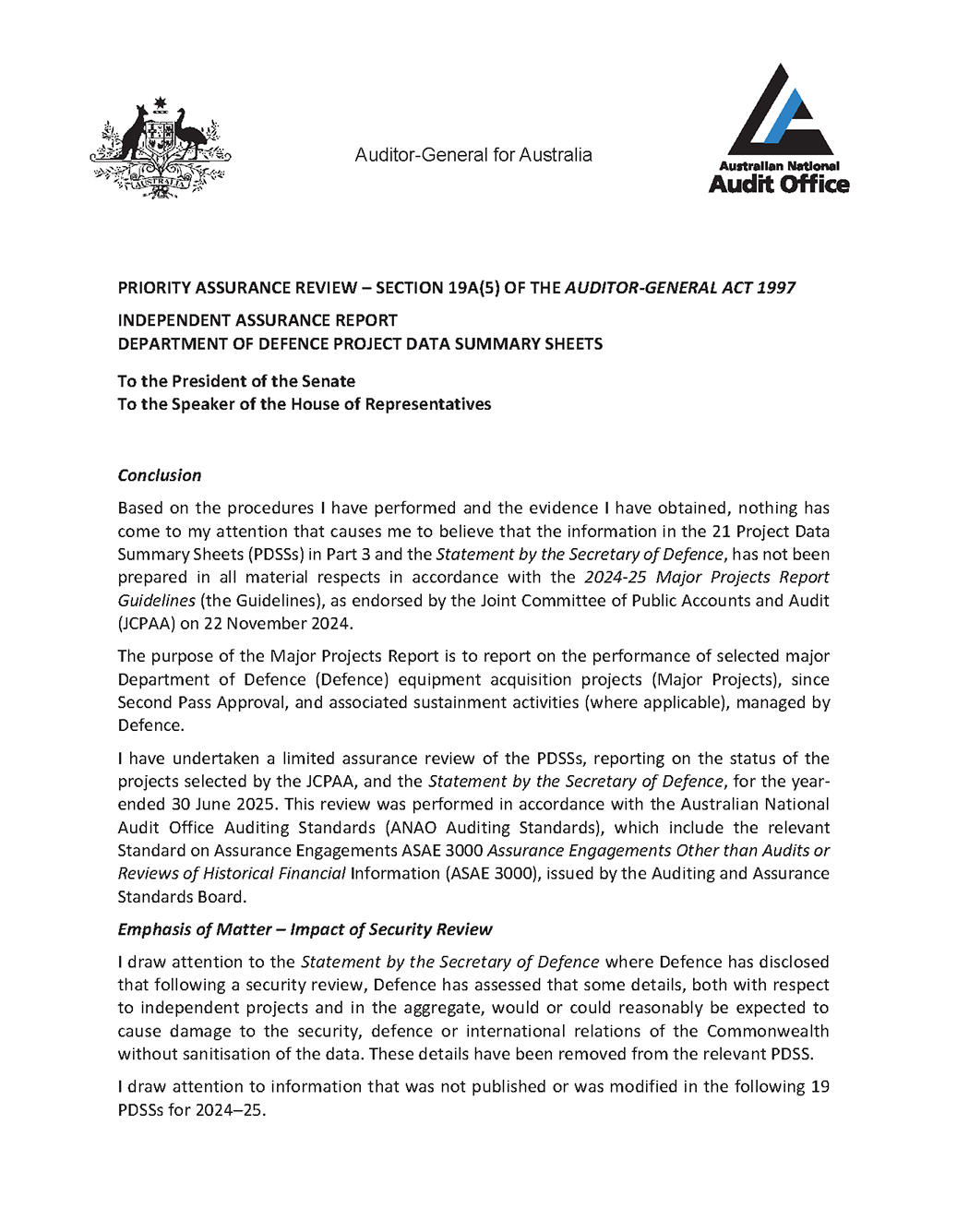 Independent Assurance Report by the Auditor-General page 1