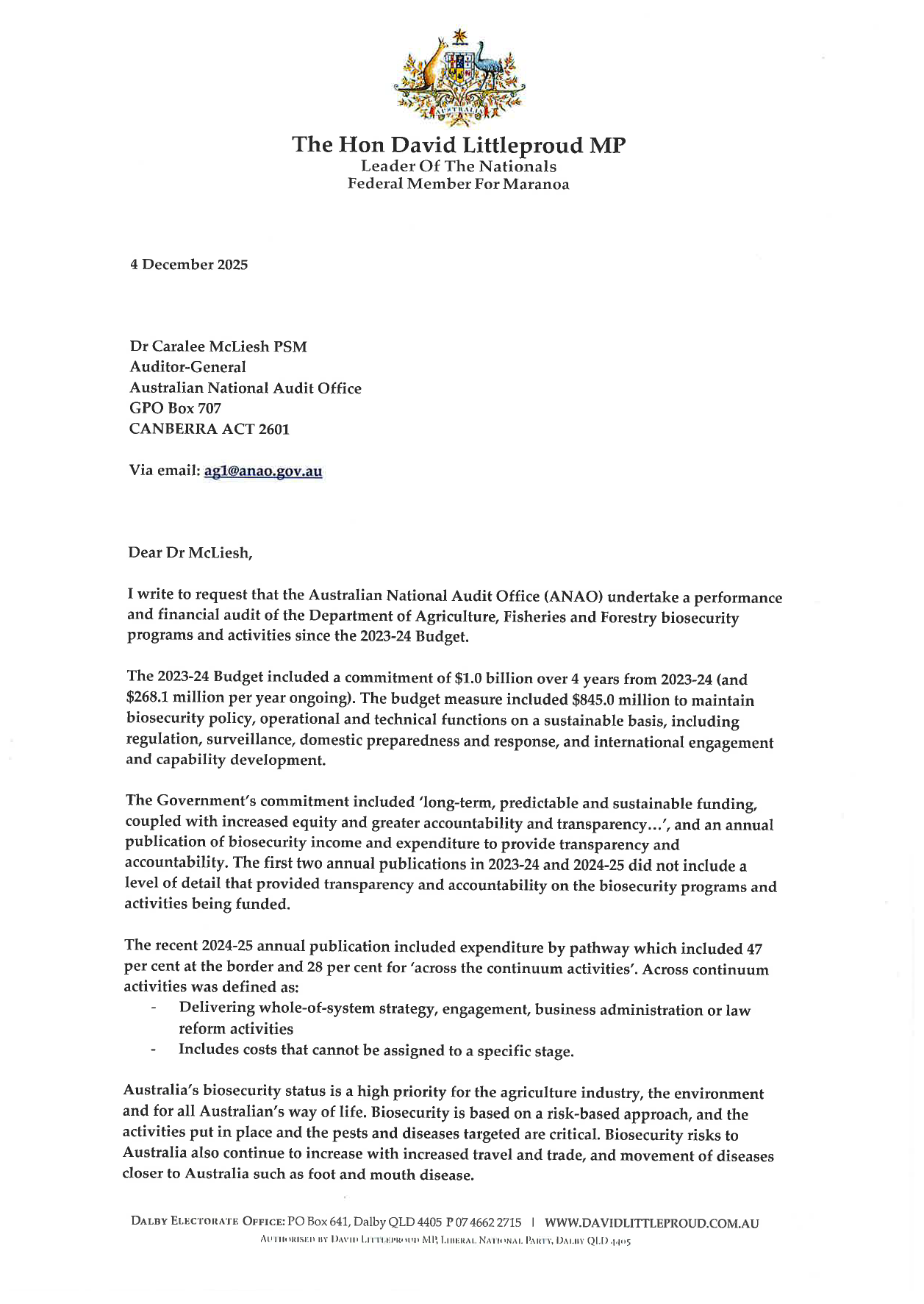 Correspondence from the Hon David Littleproud page 1