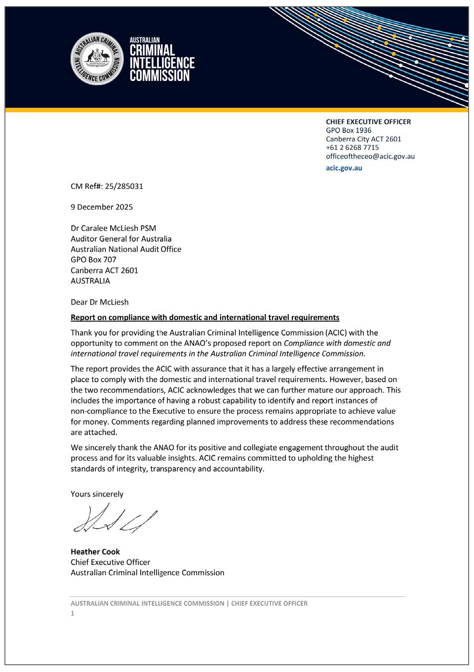 Page one of the response from ACIC. A summary of the response can be found in the summary and recommendations chapter.