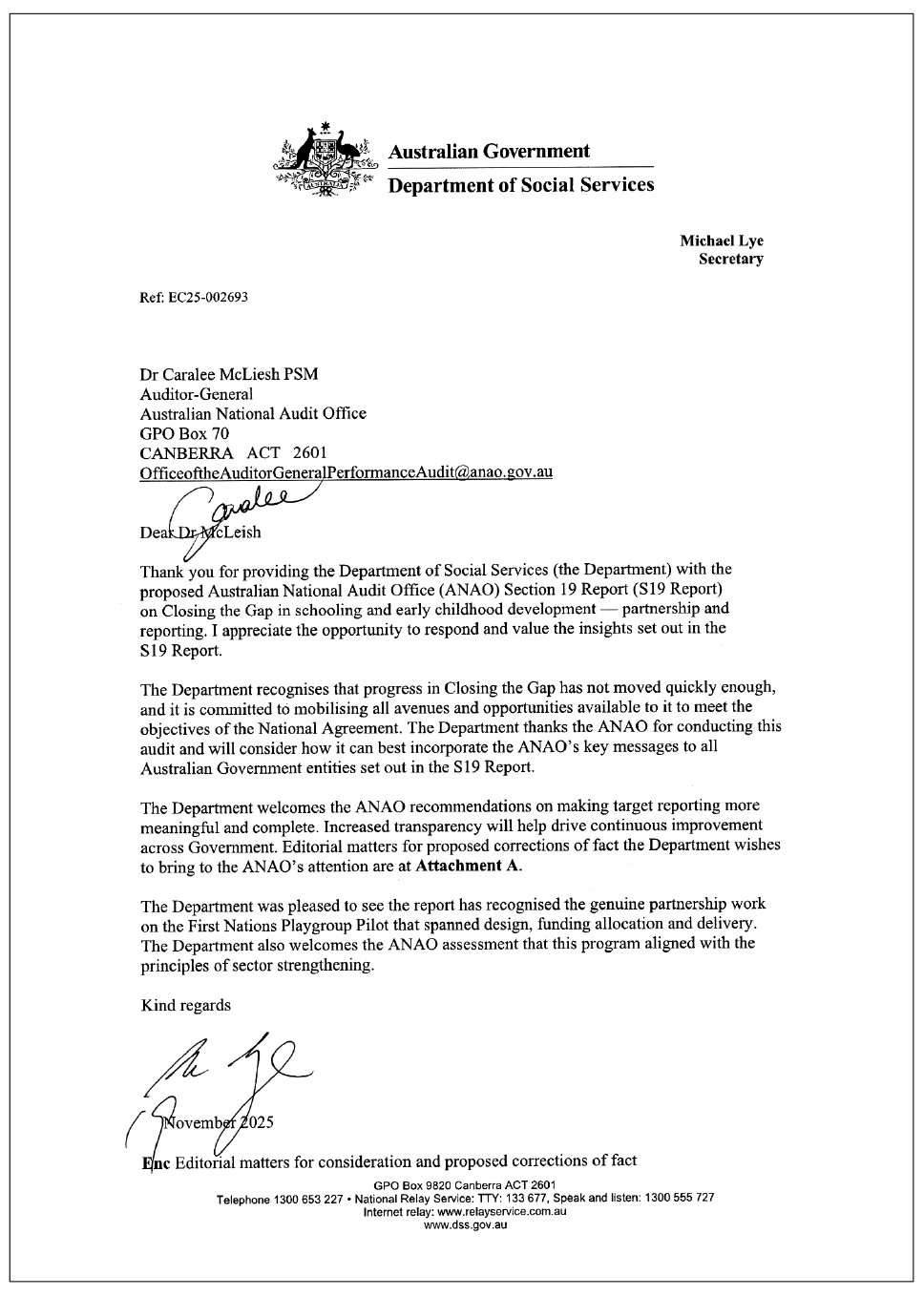 Page one of the response from DSS. A summary of the response can be found in the summary and recommendations chapter.