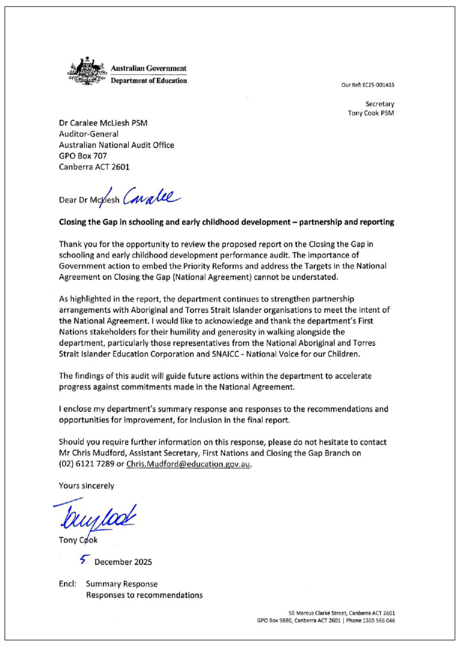 Page one of the response from Department of Education. A summary of the response can be found in the summary and recommendations chapter.