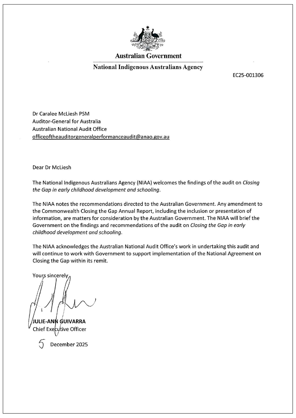 Page one of the response from NIAA. A summary of the response can be found in the summary and recommendations chapter.