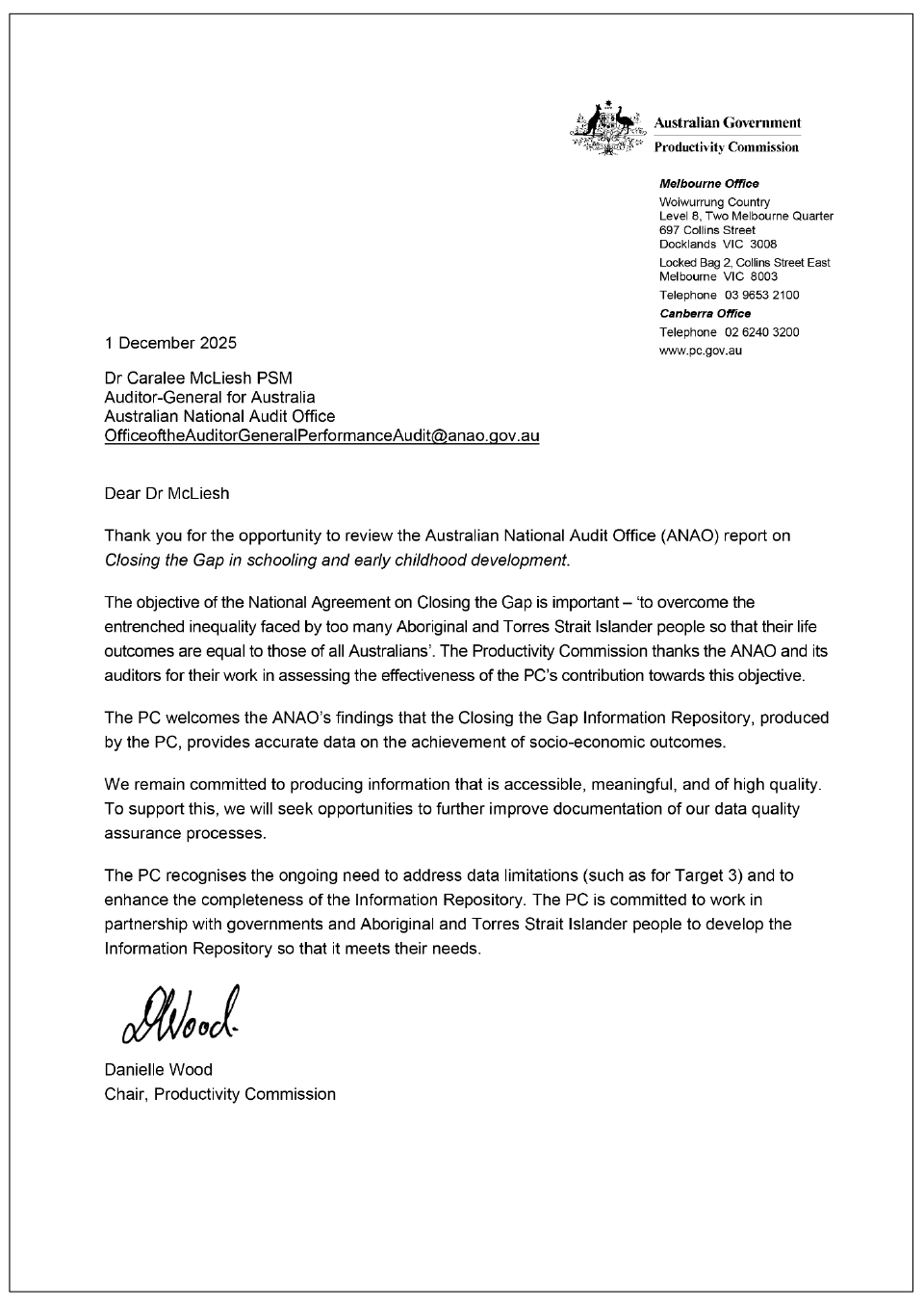 Page one of the response from Productivity Commission. A summary of the response can be found in the summary and recommendations chapter.