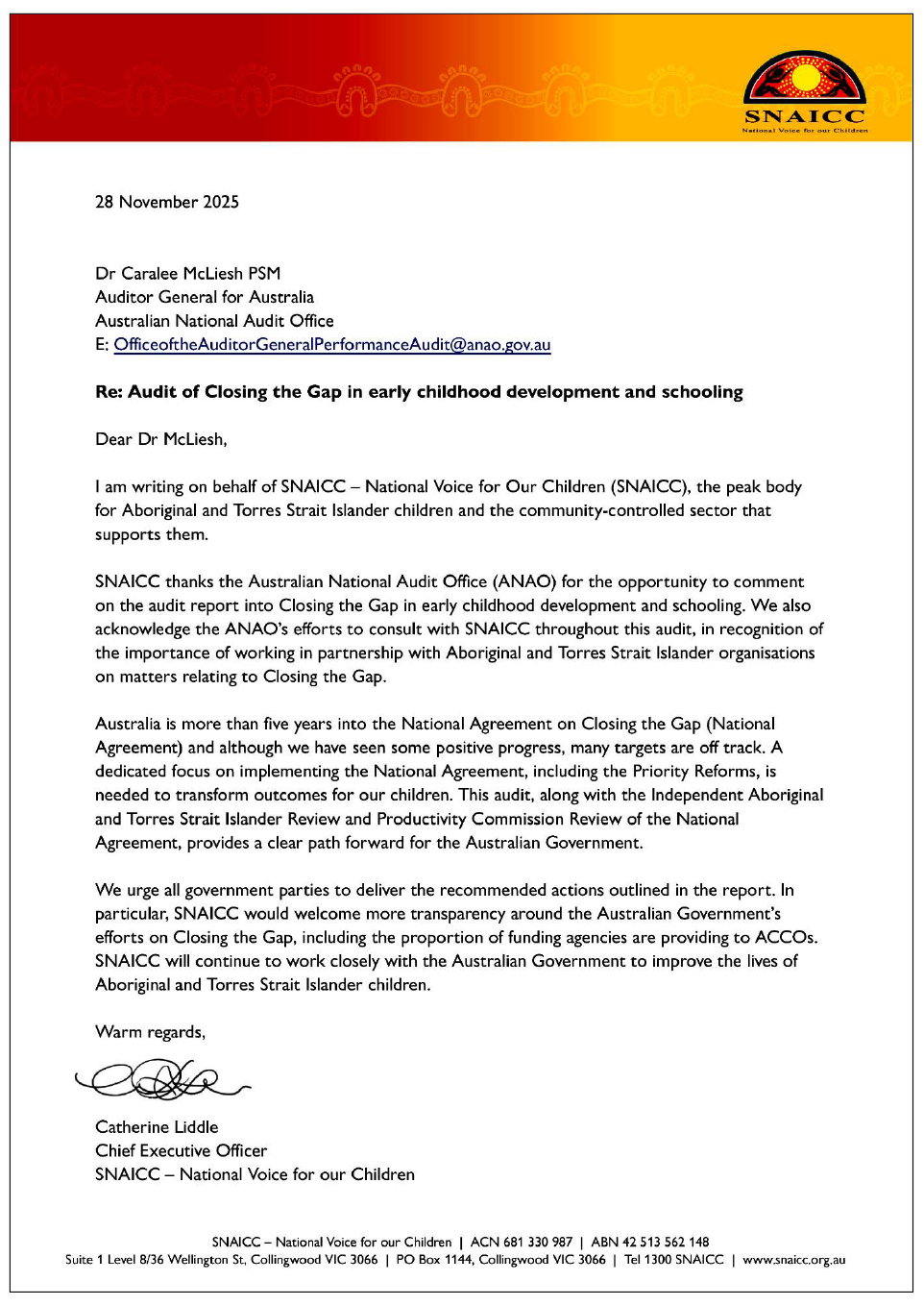 Page one of the response from SNAICC. A summary of the response can be found in the summary and recommendations chapter.