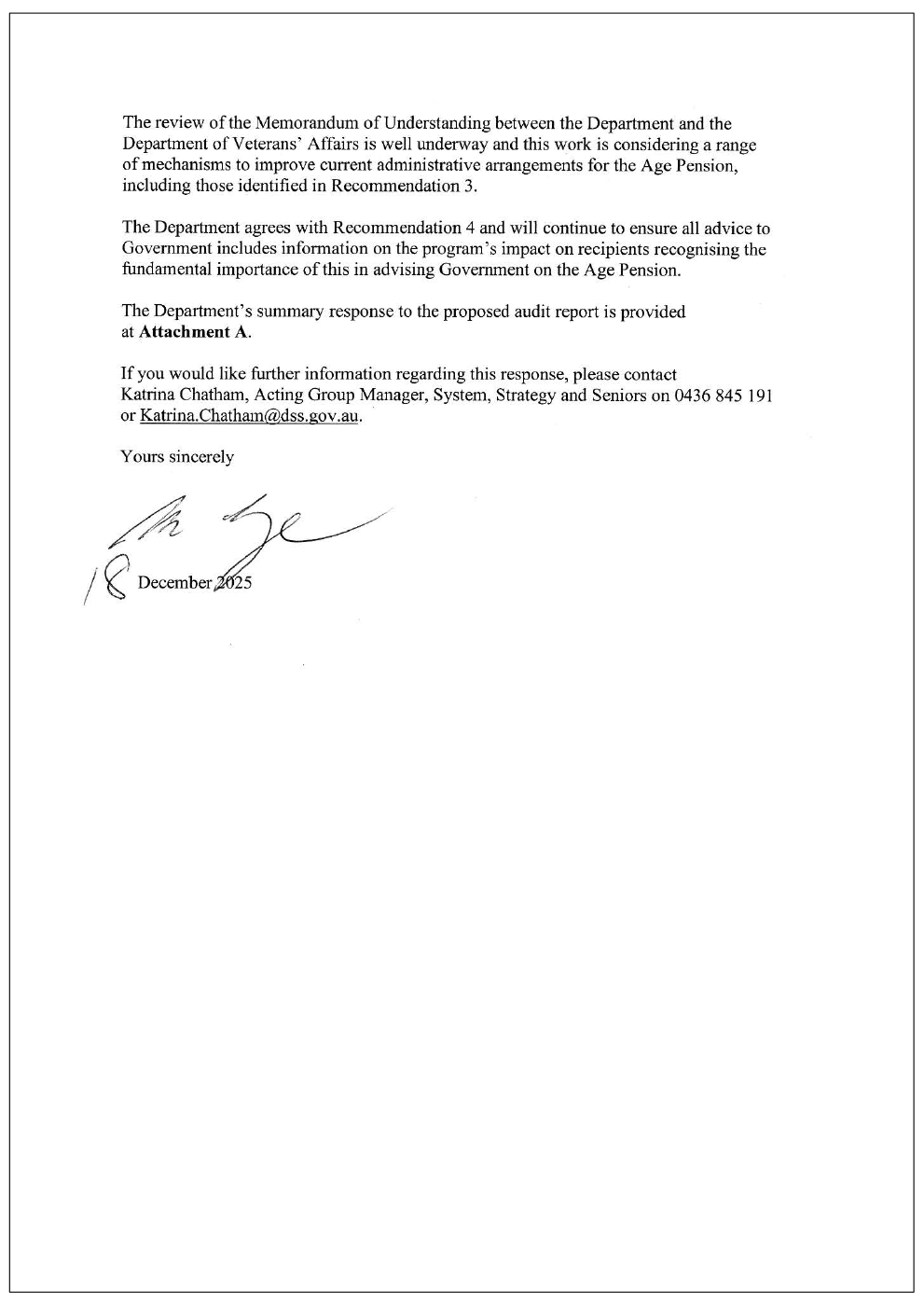 Page two of the response from DSS. A summary of the response can be found in the summary and recommendations chapter.