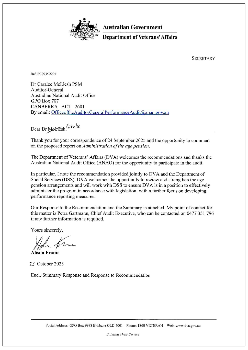 Page one of the response from DVA. A summary of the response can be found in the summary and recommendations chapter.