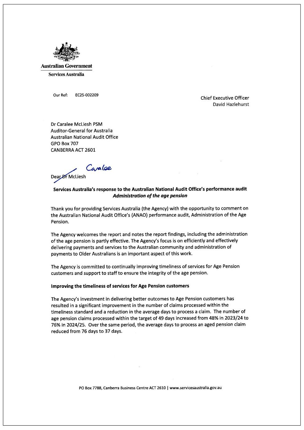 Page one of the response from Services Australia. A summary of the response can be found in the summary and recommendations chapter.