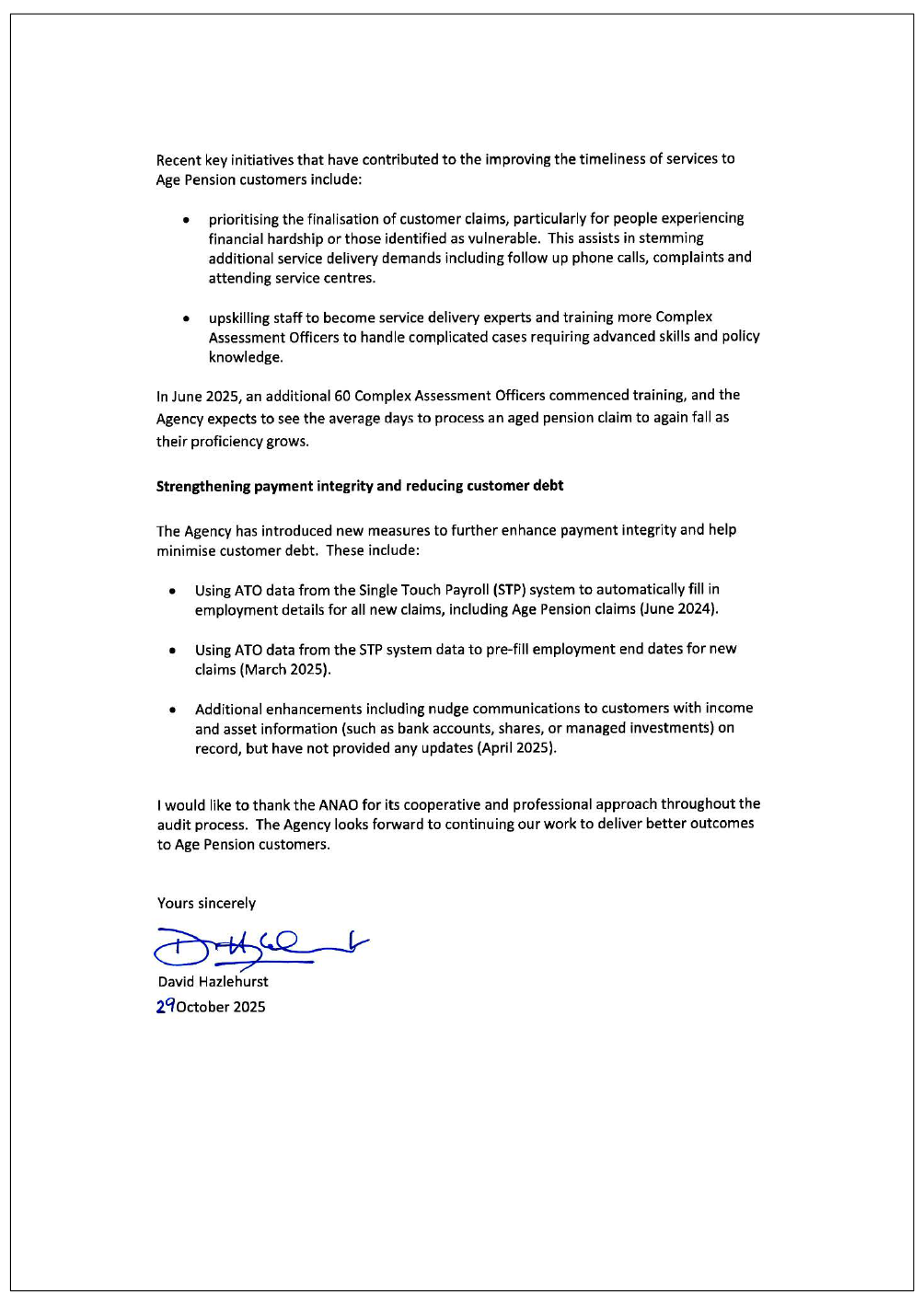 Page two of the response from Services Australia. A summary of the response can be found in the summary and recommendations chapter.