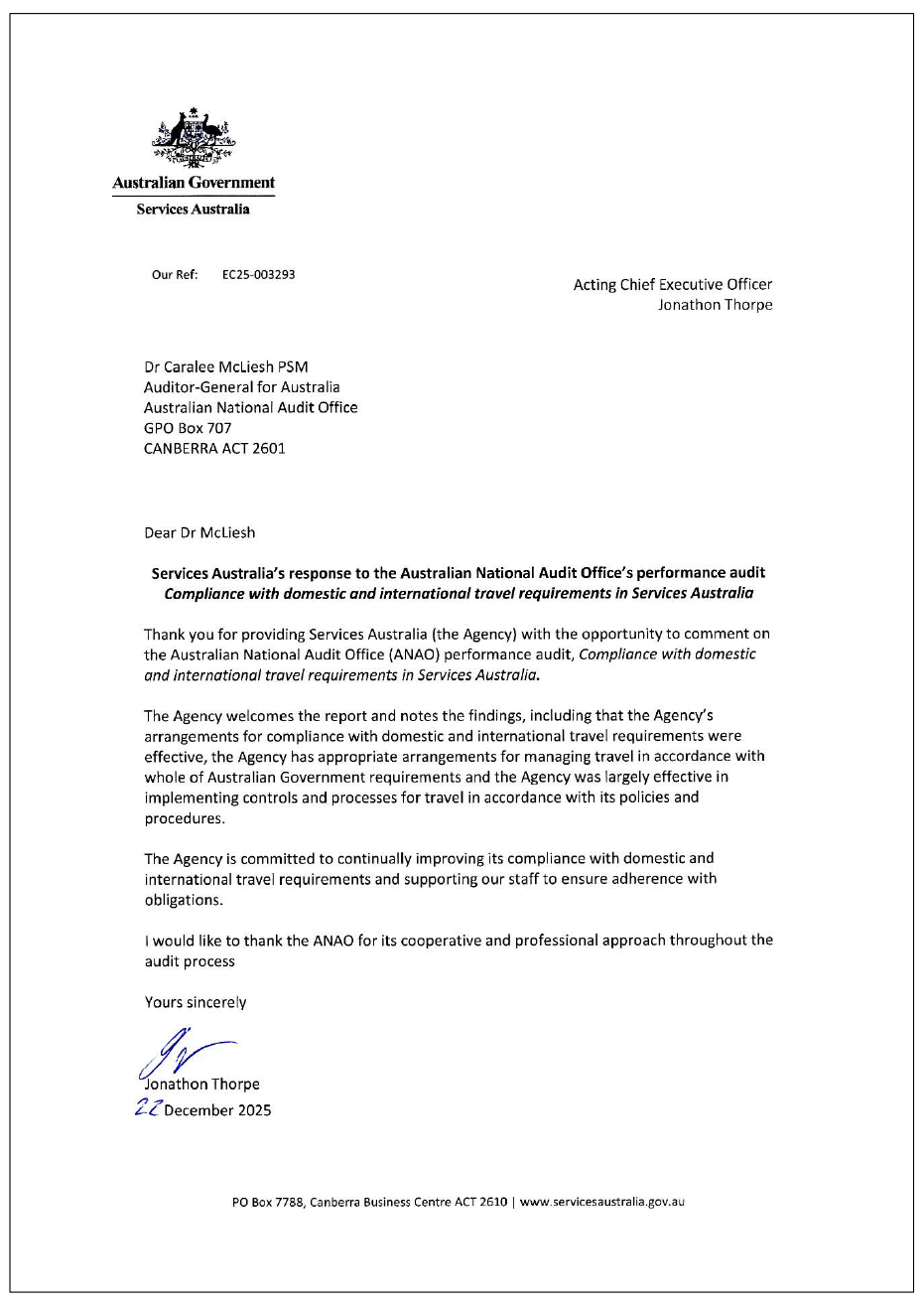 Page one of the response from Services Australia. A summary of the response can be found in the summary and recommendations chapter.