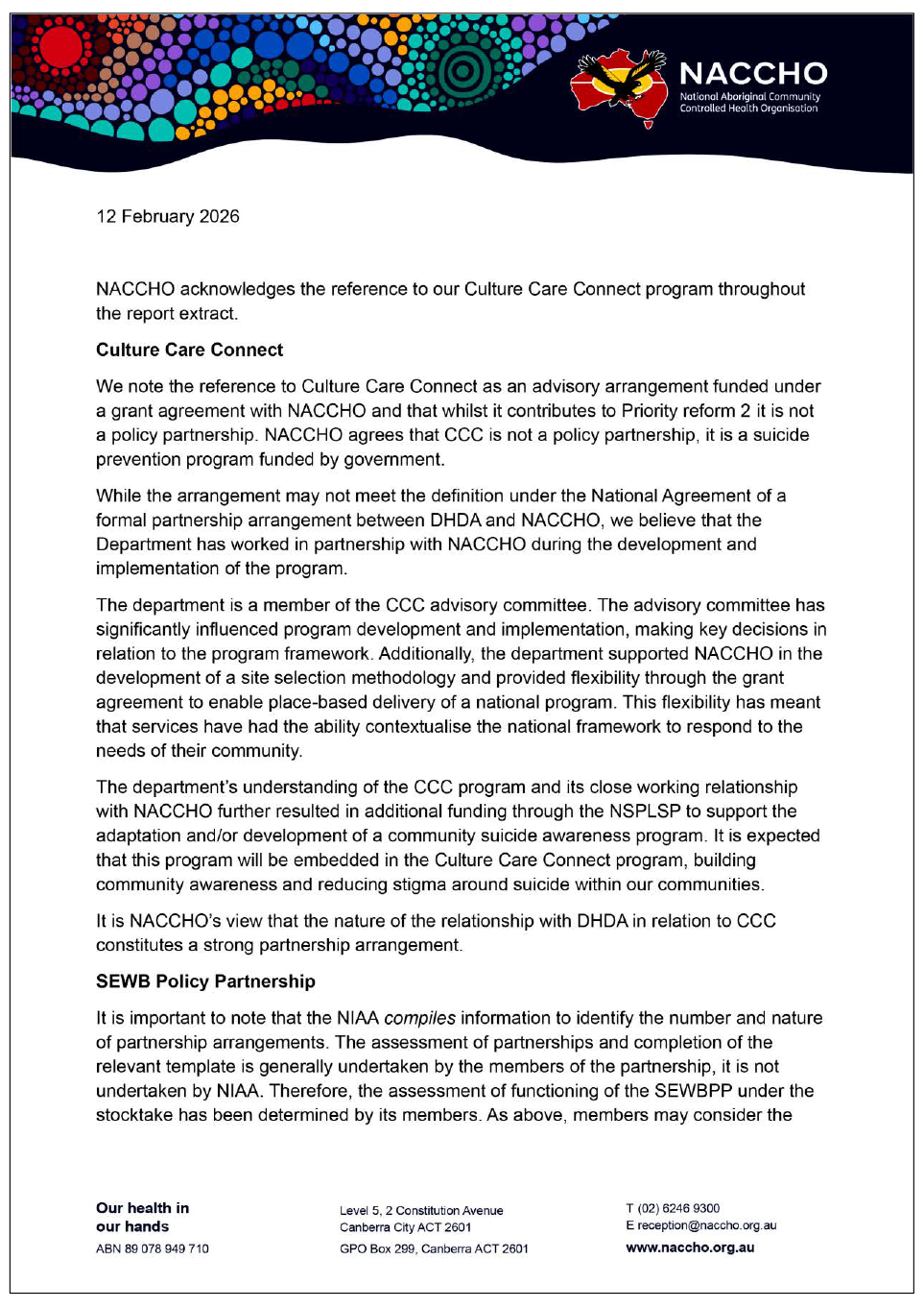 Page one of the response from NACCHO. A summary of the response can be found in the summary and recommendations chapter.