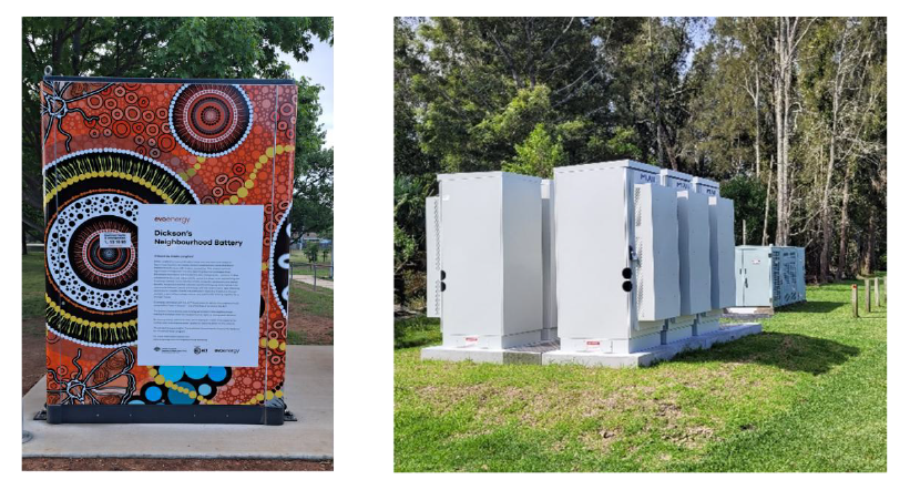 Photographs of two front of meter, ground mounted community batteries installed in public locations at Dickson in the ACT and Maloneys Beach in New South Wales.