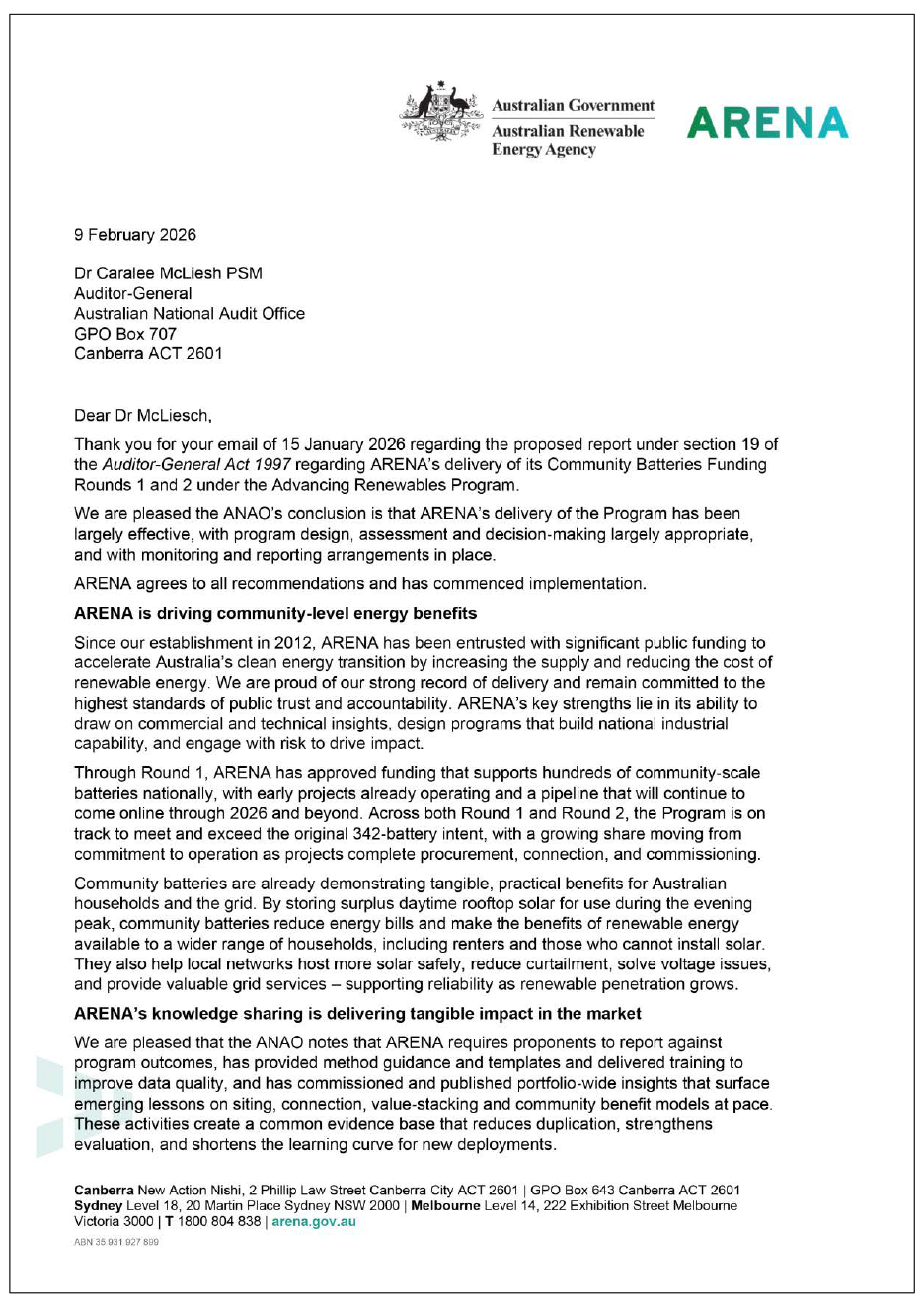 Page one of the response from ARENA. A summary of the response can be found in the summary and recommendations chapter.