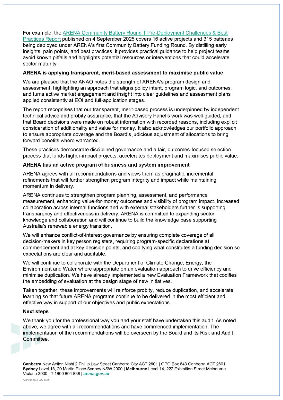 Page two of the response from ARENA. A summary of the response can be found in the summary and recommendations chapter.