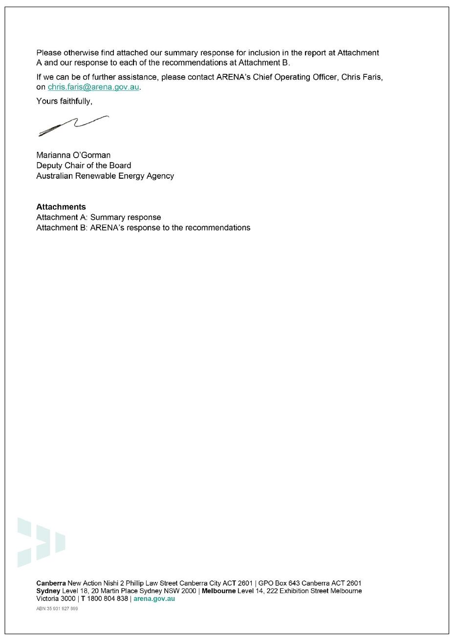 Page three of the response from ARENA. A summary of the response can be found in the summary and recommendations chapter.