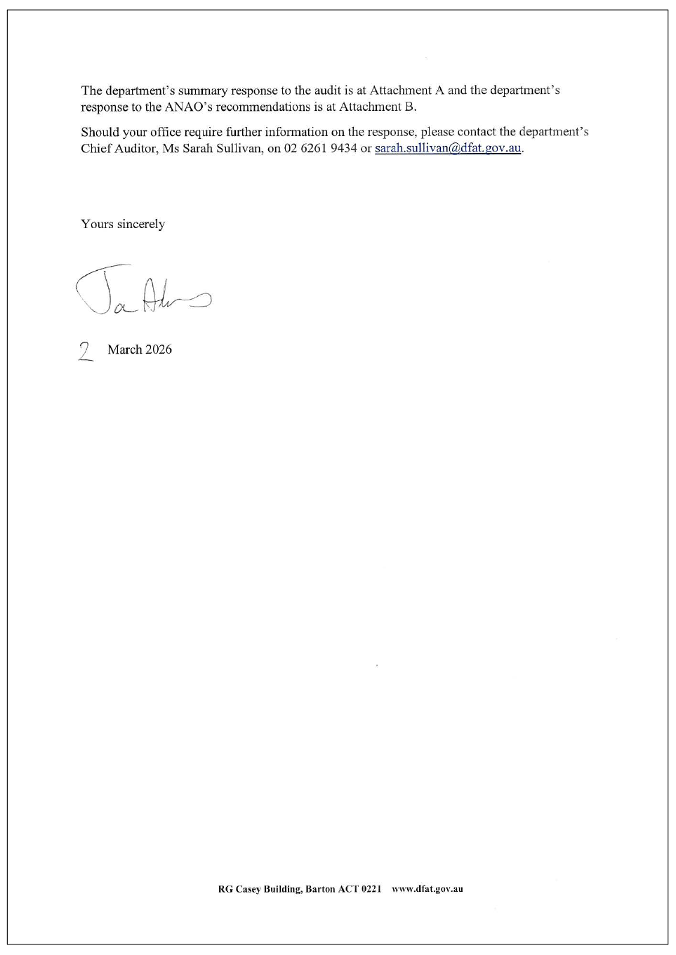 Page two of the response from DFAT. A summary of the response can be found in the summary and recommendations chapter.