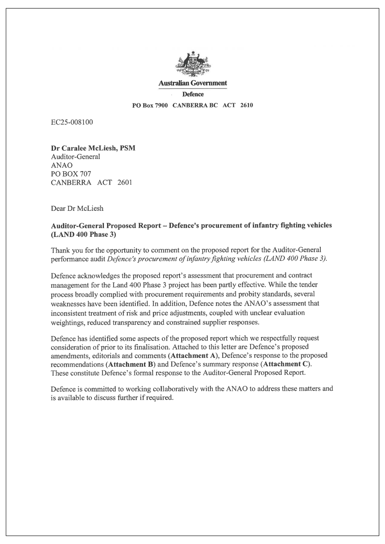 First page (of two) of Defence entity response