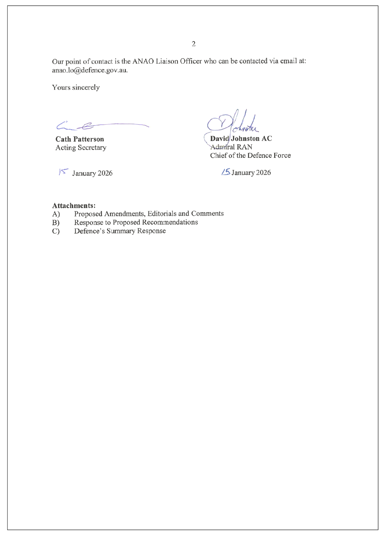 Second page (of two) of Defence entity response