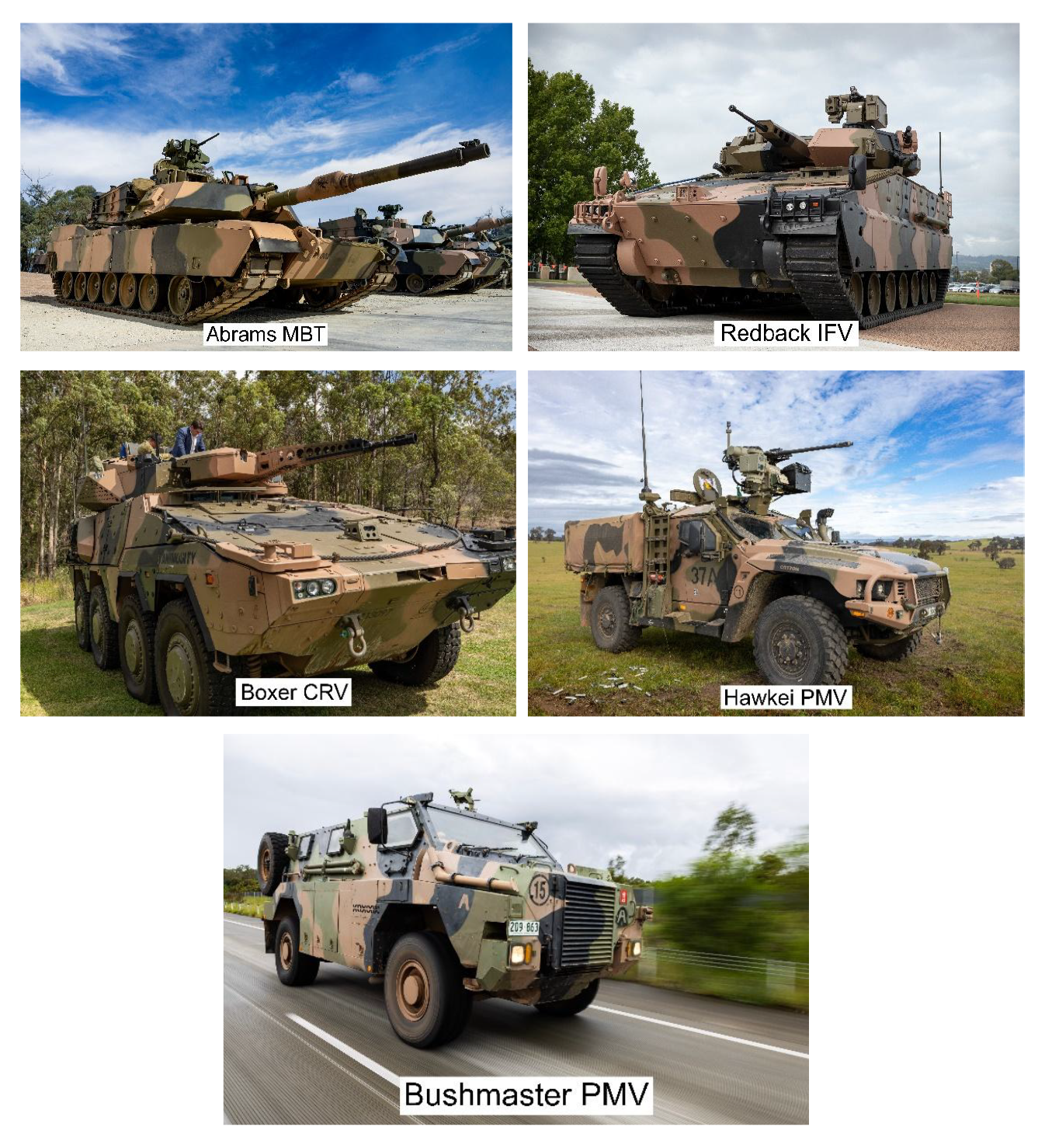 A figure that shows four armoured fighting vehicles used by the Australian Defence Force. It shows an image of the Abrams main battle tank, the Redback infantry fighting vehicle, the Boxer combat reconnaissance vehicle and the Hawkei and Bushmaster protected mobility vehicles
