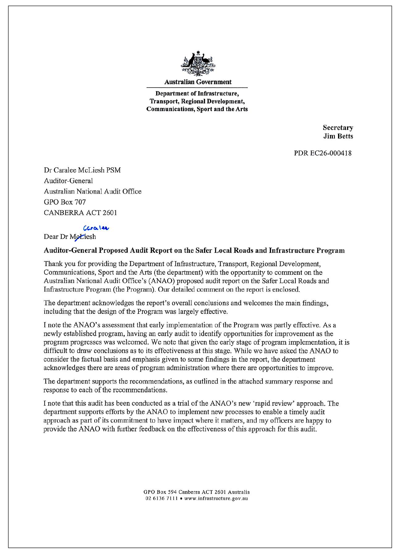 Page one of the response from Infrastructure. A summary of the response can be found in the summary and recommendations chapter.