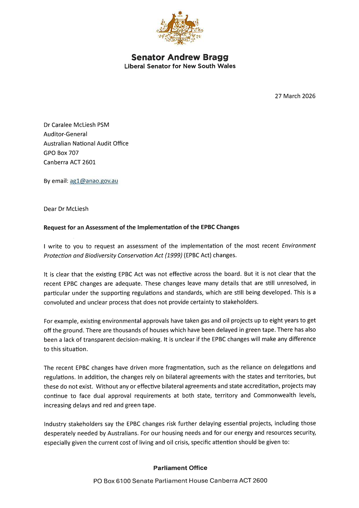 Correspondence from Senator Andrew Bragg dated 27 March 2026.