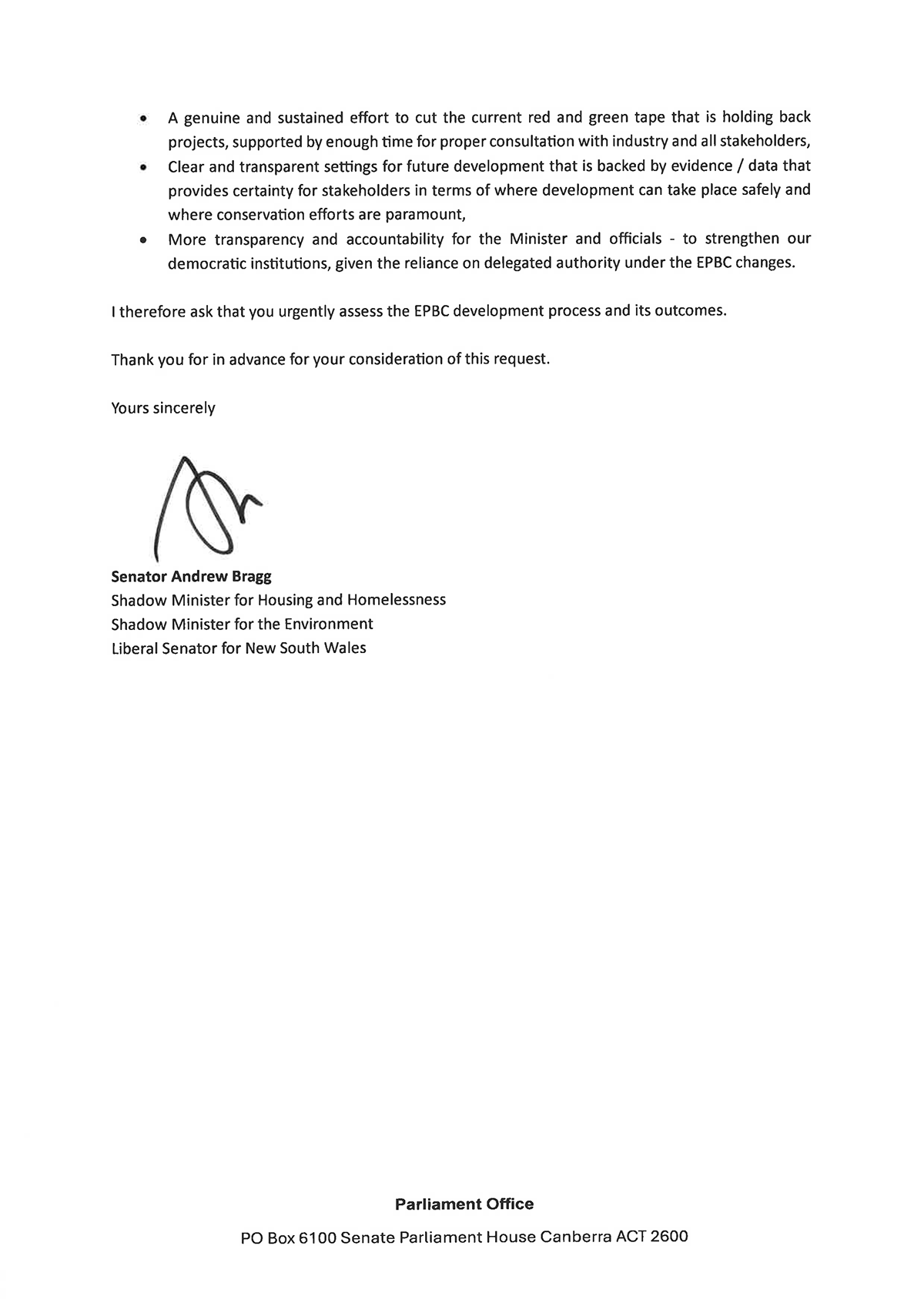 Correspondence from Senator Andrew Bragg dated 27 March 2026.