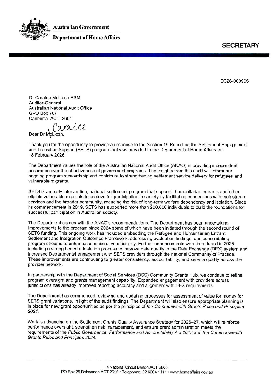 Page one of the response from DHA. A summary of the response can be found in the summary and recommendations chapter.