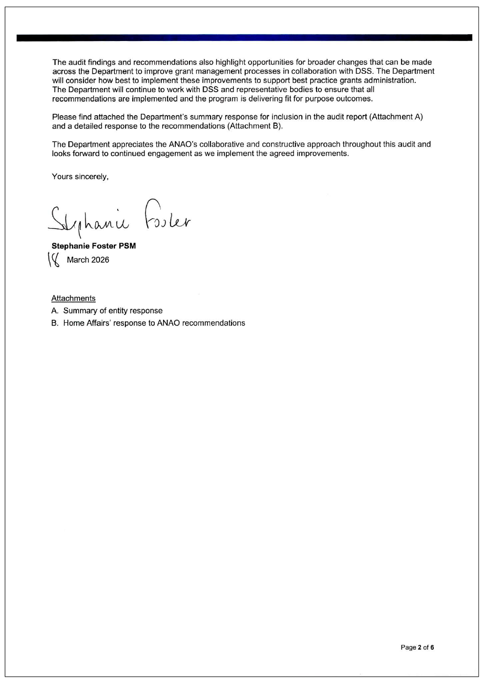 Page two of the response from DHA. A summary of the response can be found in the summary and recommendations chapter.