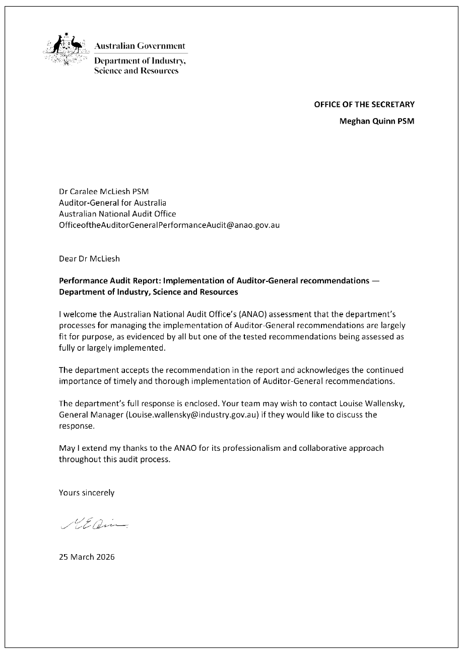 Page one of the response from DISR. A summary of the response can be found in the summary and recommendations chapter.