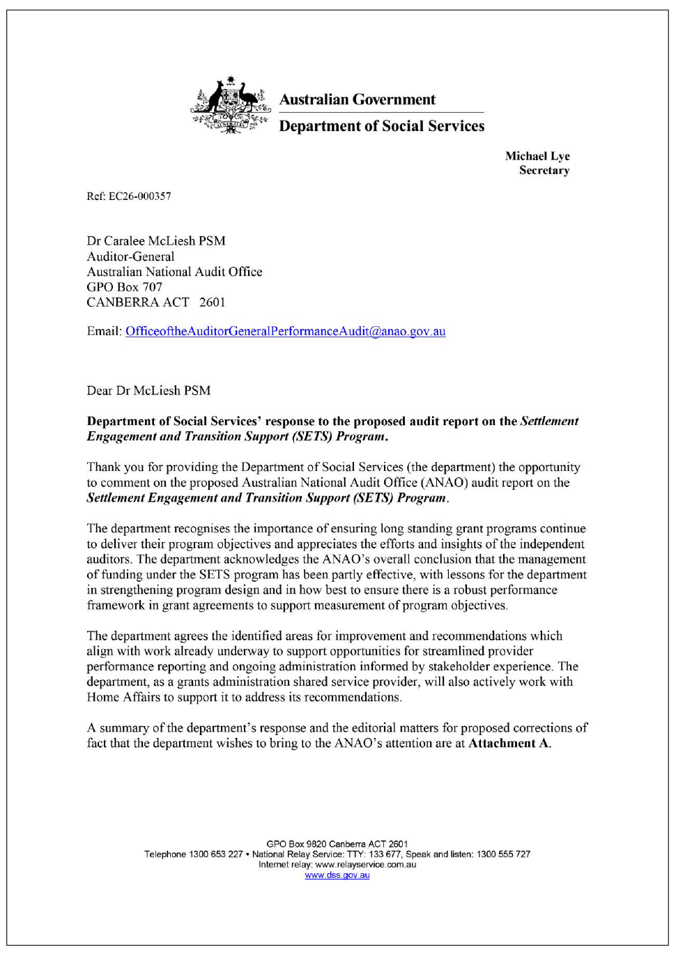 Page one of the response from DSS. A summary of the response can be found in the summary and recommendations chapter.