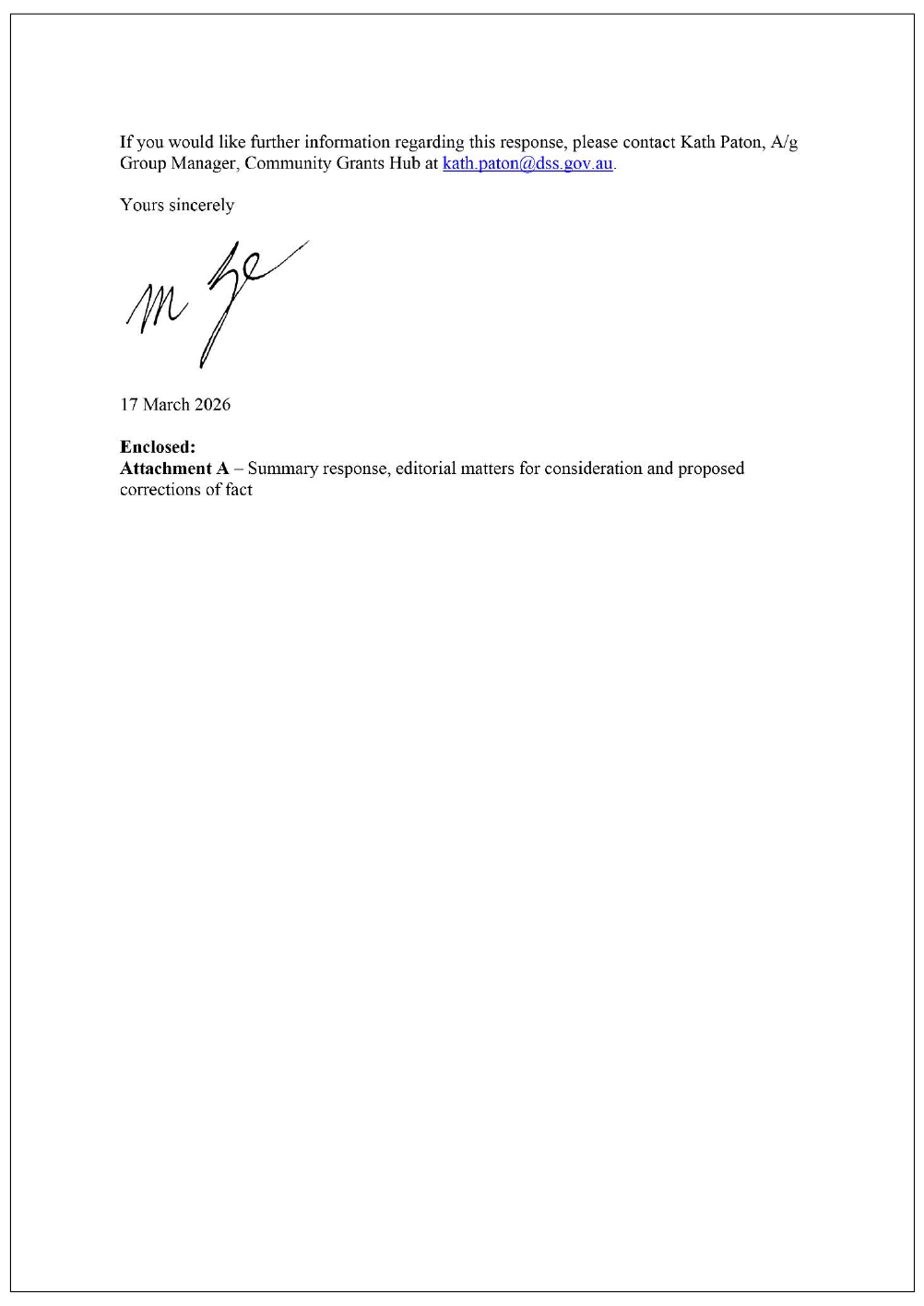 Page two of the response from DSS. A summary of the response can be found in the summary and recommendations chapter.