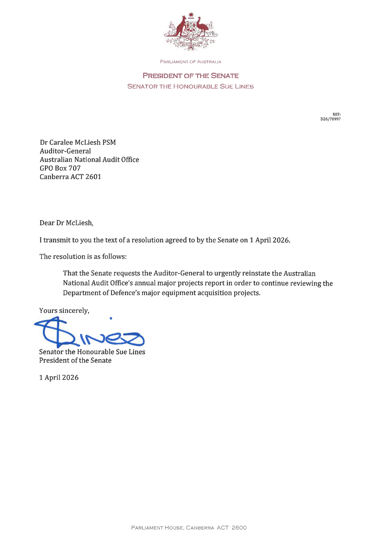 Image of letter which is available as a PDF at related documents